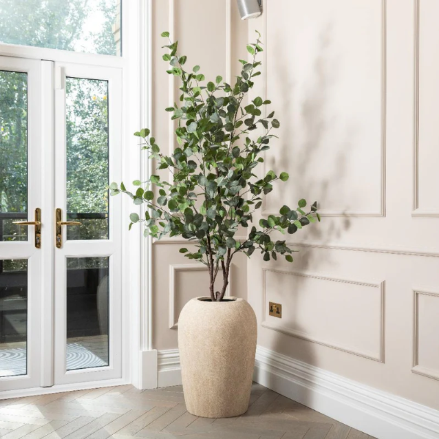 Cream Ceramic Planter with Faux Eucalyptus Plant - Indoor Home Decor